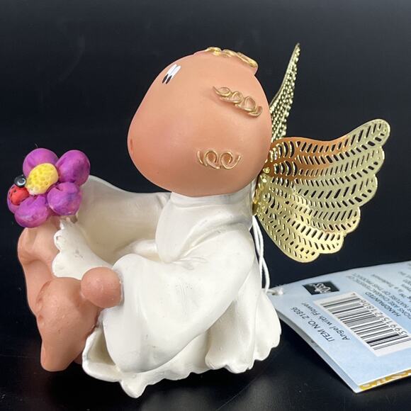 2001 Resin Angel Cheeks Holding Purple Flower Ladybug Spring By Kirk w/ Tag - Picture 10 of 12
